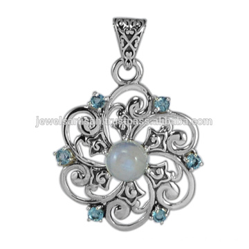 Rainbow Moonstone And Swiss Blue Topaz 925 Solid Silver Pendant